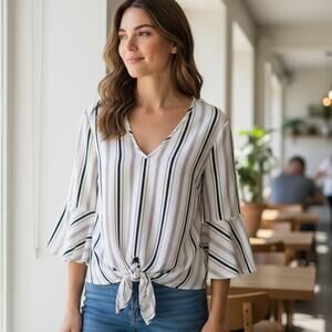 Lavender Field Bell Sleeve Blouse Womens Medium White Striped Tie Waist Top